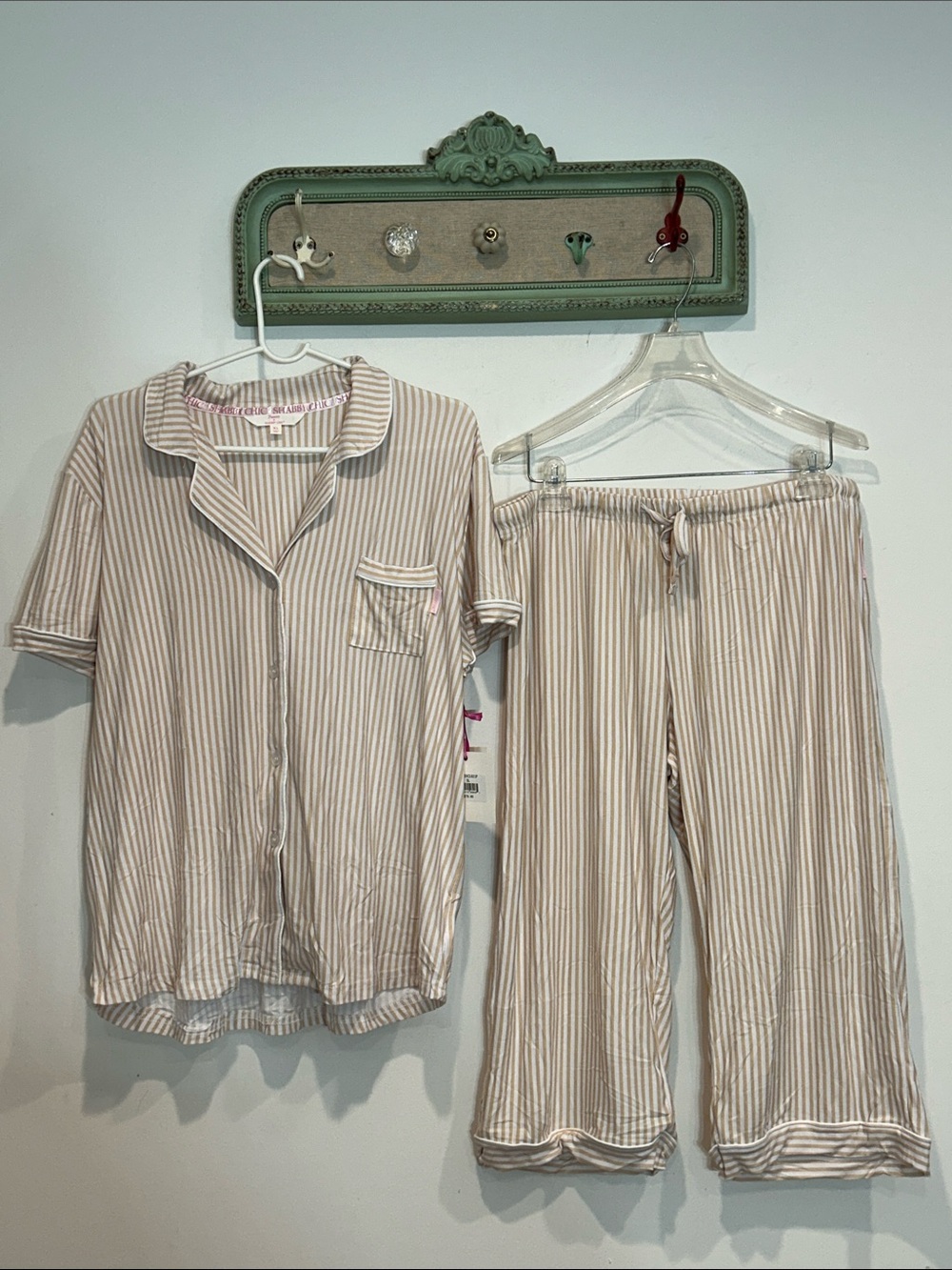 Shabby Chic treasures Women’s Striped Short sleeve Pajama set Cream white xl new